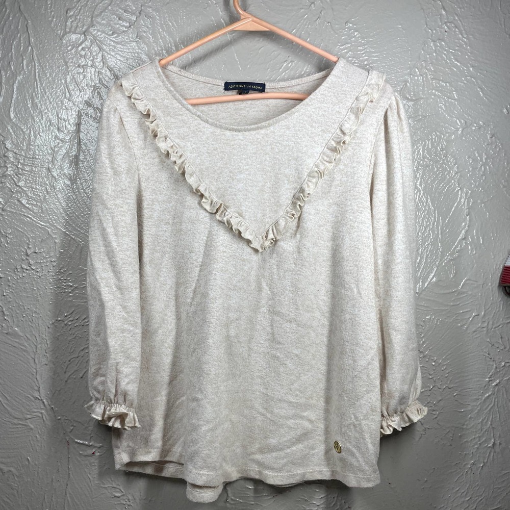Adrienne Vittadini Heather Cream Round‎ Neck Ruffle Knit Sweater Womens Sz Large